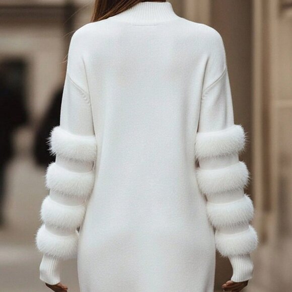 White Casual Women's Fluffy Knit Sweater Dress - Picture 2 of 4